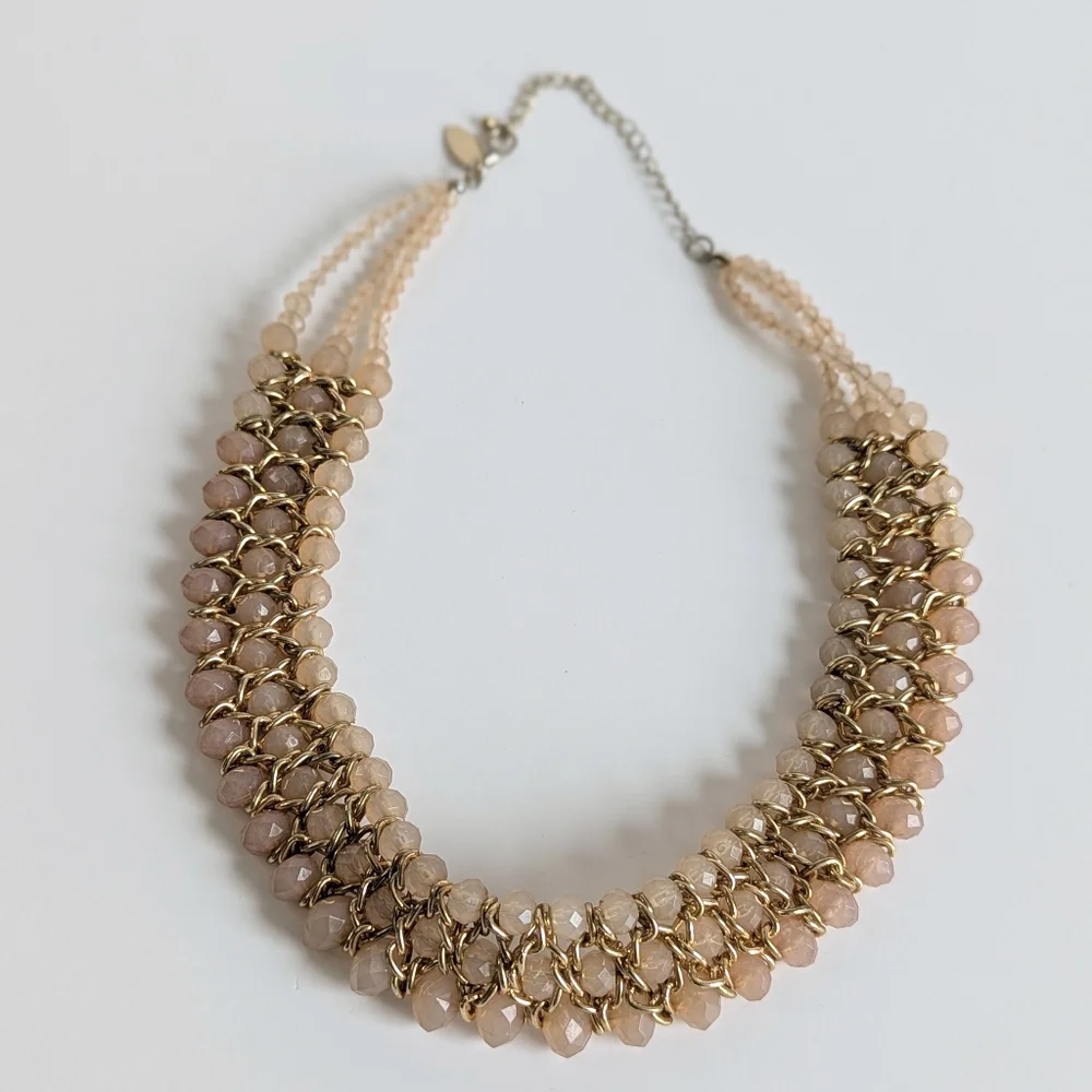 Faceted Bead Statement Necklace Gold Chain Layered Collar in Blush Pink - Picture 5 of 7